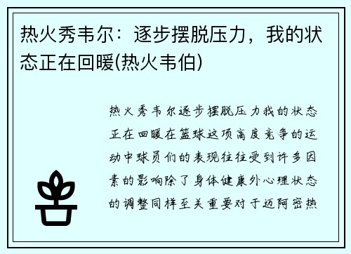 热火秀韦尔：逐步摆脱压力，我的状态正在回暖(热火韦伯)
