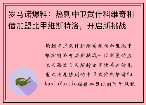 罗马诺爆料：热刺中卫武什科维奇租借加盟比甲维斯特洛，开启新挑战
