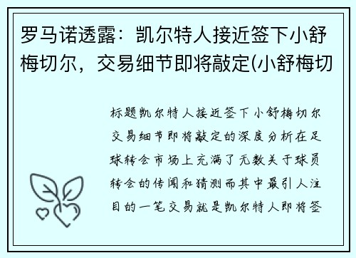 罗马诺透露：凯尔特人接近签下小舒梅切尔，交易细节即将敲定(小舒梅切尔维猜)