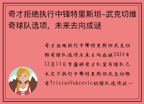 奇才拒绝执行中锋特里斯坦-武克切维奇球队选项，未来去向成谜