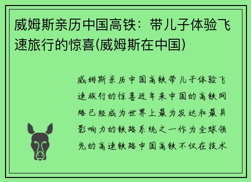 威姆斯亲历中国高铁：带儿子体验飞速旅行的惊喜(威姆斯在中国)