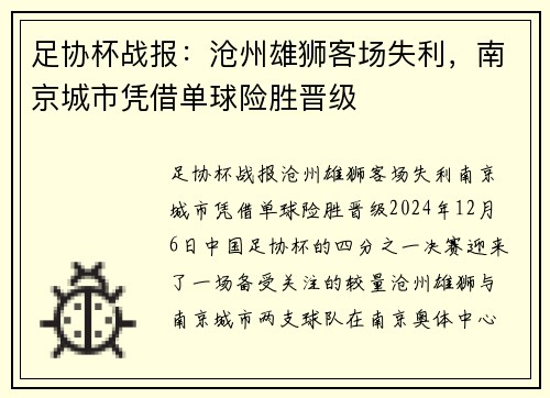 足协杯战报：沧州雄狮客场失利，南京城市凭借单球险胜晋级