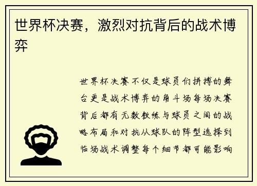 世界杯决赛，激烈对抗背后的战术博弈