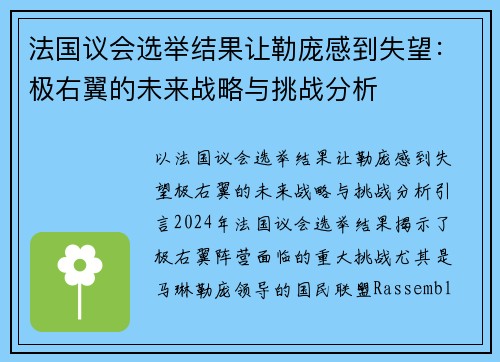 法国议会选举结果让勒庞感到失望：极右翼的未来战略与挑战分析