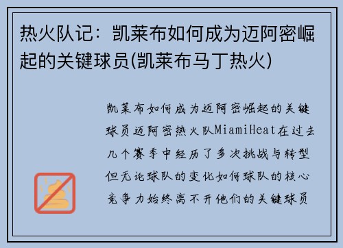 热火队记：凯莱布如何成为迈阿密崛起的关键球员(凯莱布马丁热火)