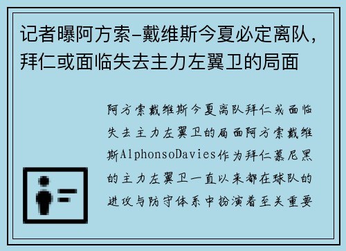 记者曝阿方索-戴维斯今夏必定离队，拜仁或面临失去主力左翼卫的局面