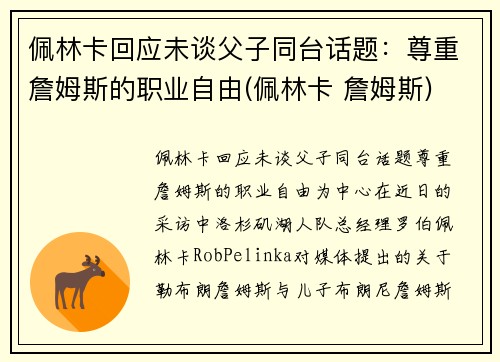 佩林卡回应未谈父子同台话题：尊重詹姆斯的职业自由(佩林卡 詹姆斯)