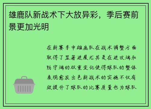 雄鹿队新战术下大放异彩，季后赛前景更加光明