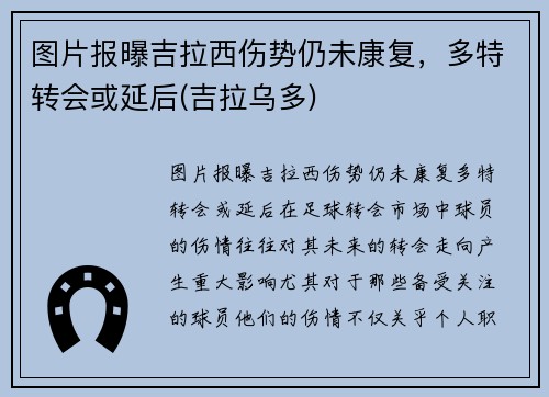 图片报曝吉拉西伤势仍未康复，多特转会或延后(吉拉乌多)